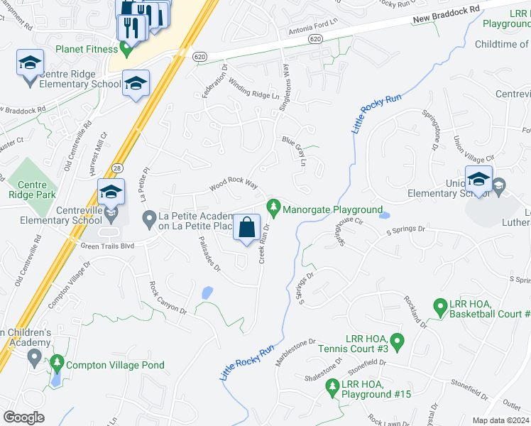 map of restaurants, bars, coffee shops, grocery stores, and more near 6504 Creek Run Drive in Centreville
