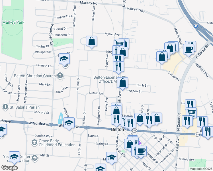 map of restaurants, bars, coffee shops, grocery stores, and more near 306 Hawthorne Court in Belton