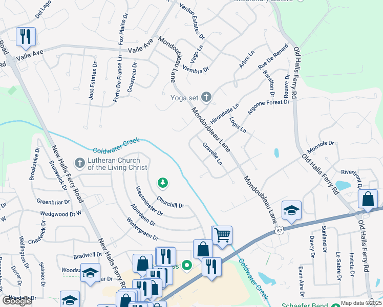 map of restaurants, bars, coffee shops, grocery stores, and more near 14624 Arpent Lane in Florissant