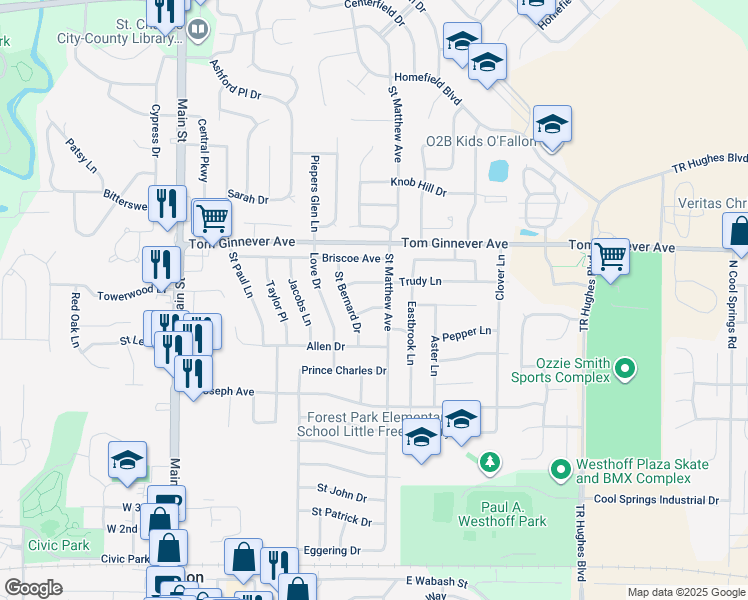map of restaurants, bars, coffee shops, grocery stores, and more near 507 Mona Drive in O'Fallon