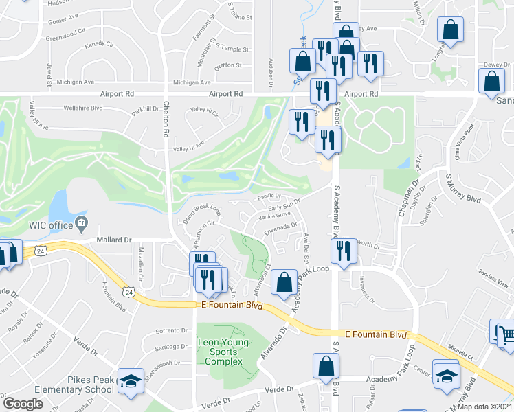map of restaurants, bars, coffee shops, grocery stores, and more near 3489 Atlantic Drive in Colorado Springs