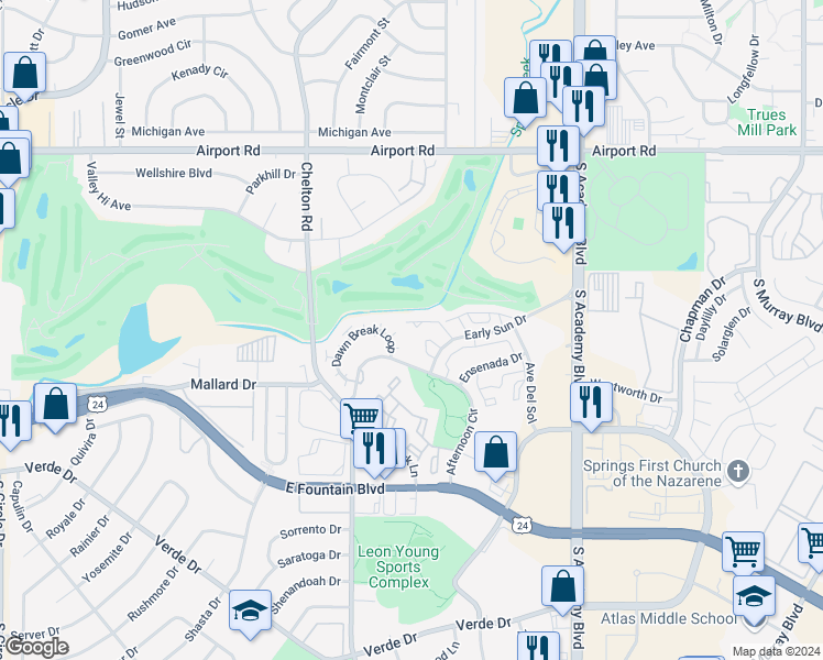 map of restaurants, bars, coffee shops, grocery stores, and more near 820 Spinner Court in Colorado Springs