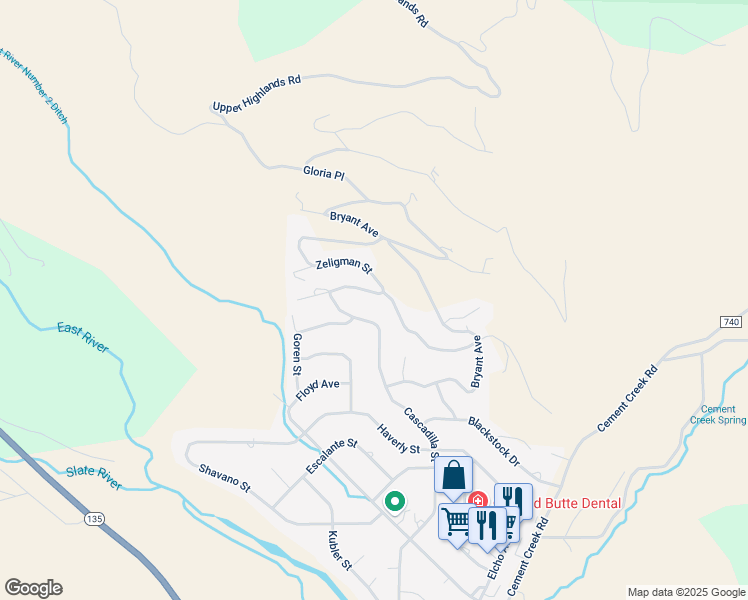 map of restaurants, bars, coffee shops, grocery stores, and more near 54 Huckeby Way in Crested Butte