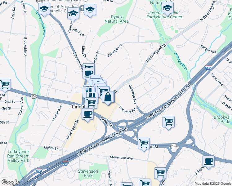 map of restaurants, bars, coffee shops, grocery stores, and more near 301 Beauregard Street in Alexandria