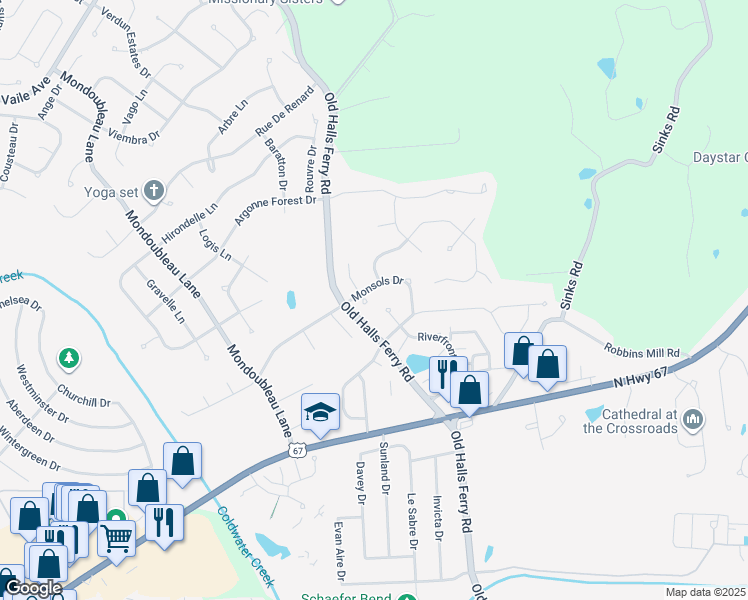 map of restaurants, bars, coffee shops, grocery stores, and more near 14319 Riverfront Drive in Florissant