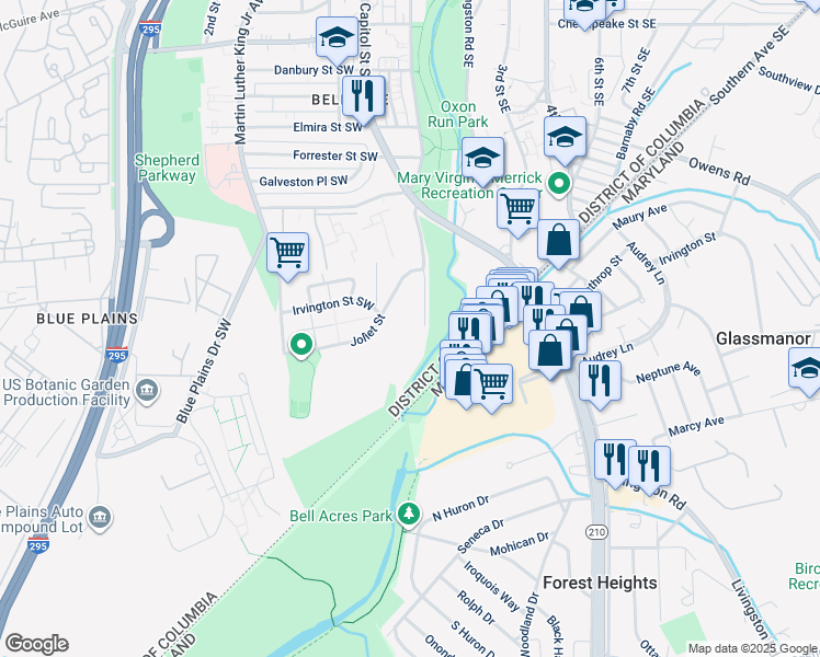 map of restaurants, bars, coffee shops, grocery stores, and more near 4853 1st Street Southwest in Washington