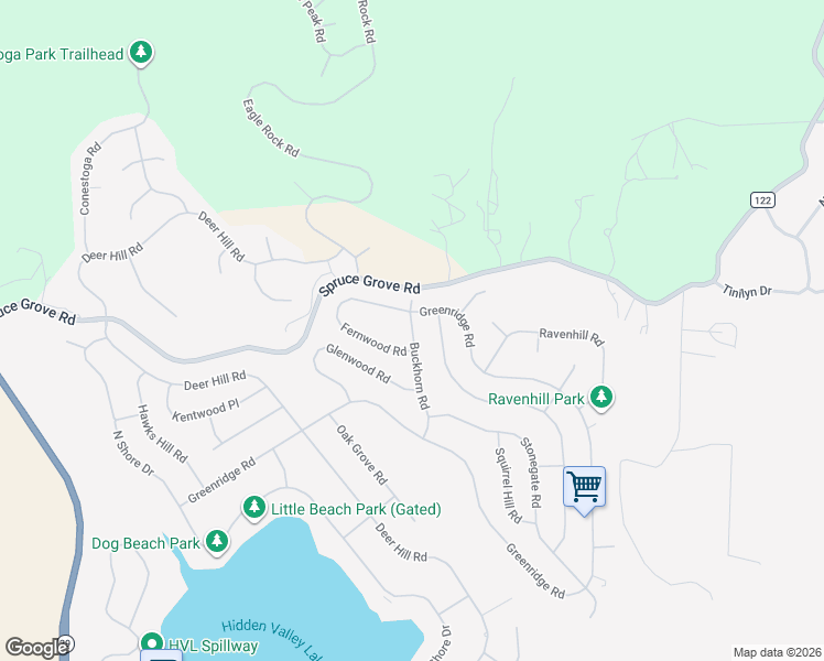 map of restaurants, bars, coffee shops, grocery stores, and more near 16744 Buckhorn Road in Hidden Valley Lake