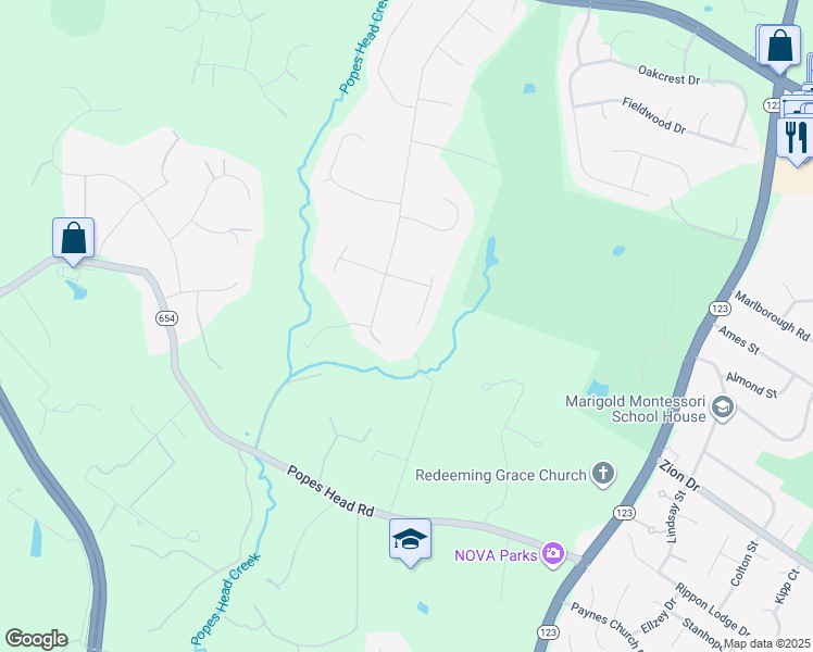 map of restaurants, bars, coffee shops, grocery stores, and more near 5120 Brookridge Place in Fairfax