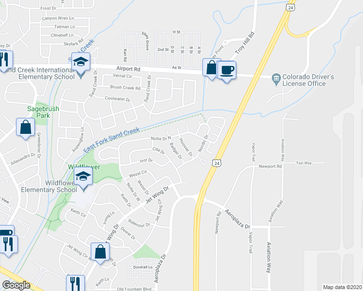 map of restaurants, bars, coffee shops, grocery stores, and more near 834 Hoosier Drive in Colorado Springs