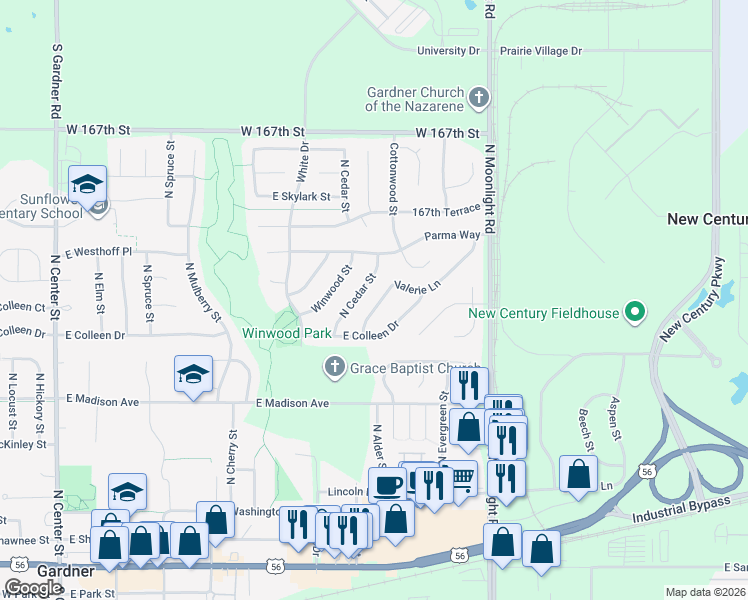 map of restaurants, bars, coffee shops, grocery stores, and more near 644 Valerie Lane in Gardner