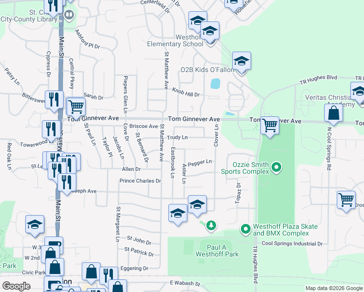 map of restaurants, bars, coffee shops, grocery stores, and more near 705 Daffodil Court in O'Fallon