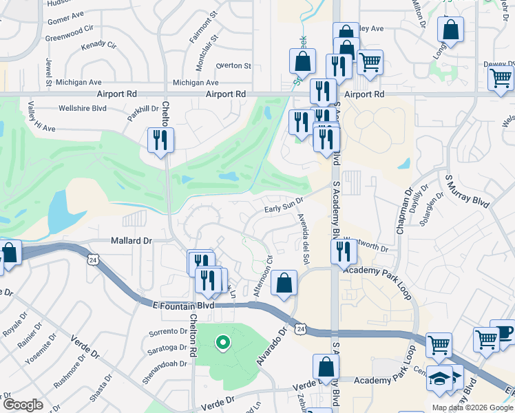 map of restaurants, bars, coffee shops, grocery stores, and more near 3489 Atlantic Drive in Colorado Springs