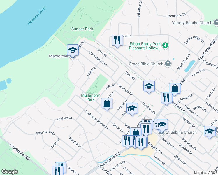 map of restaurants, bars, coffee shops, grocery stores, and more near 1380 Swan Drive in Florissant