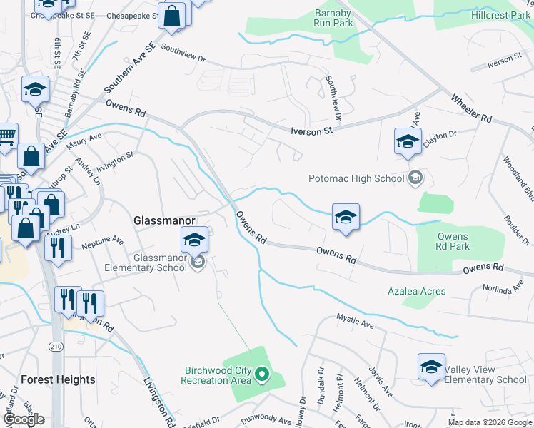 map of restaurants, bars, coffee shops, grocery stores, and more near 5009 Brookhaven Court in Oxon Hill-Glassmanor