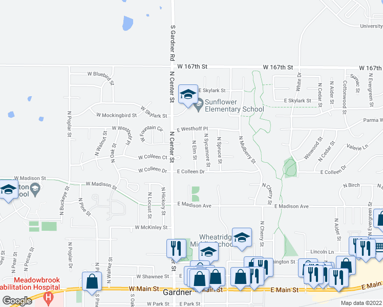 map of restaurants, bars, coffee shops, grocery stores, and more near 538 North Elm Street in Gardner