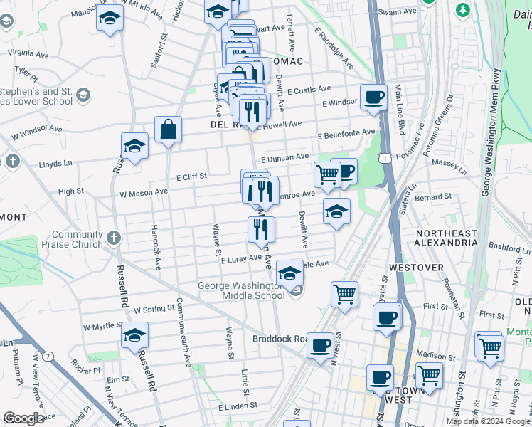 map of restaurants, bars, coffee shops, grocery stores, and more near 101 Independence Avenue Southeast in Washington