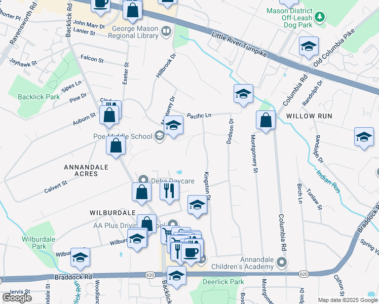 map of restaurants, bars, coffee shops, grocery stores, and more near 6915 Winter Lane in Annandale