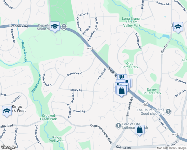 map of restaurants, bars, coffee shops, grocery stores, and more near 4740 Feature Oak Way in Fairfax