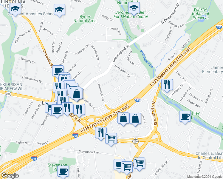 map of restaurants, bars, coffee shops, grocery stores, and more near 434 North Armistead Street in Alexandria