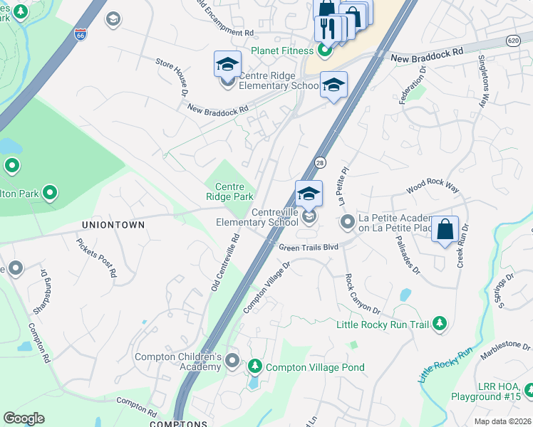 map of restaurants, bars, coffee shops, grocery stores, and more near 6535 Wheat Mill Way in Centreville