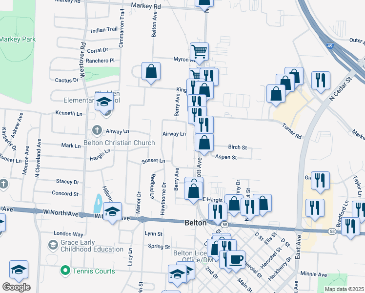 map of restaurants, bars, coffee shops, grocery stores, and more near 306 Hawthorne Court in Belton