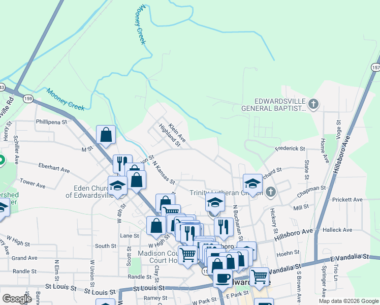 map of restaurants, bars, coffee shops, grocery stores, and more near 322 East Union Street in Edwardsville