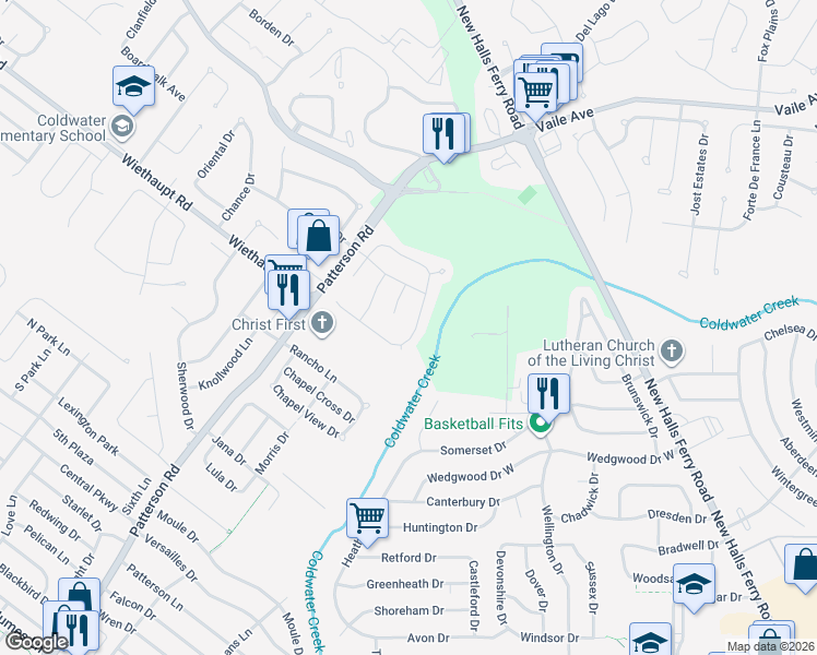 map of restaurants, bars, coffee shops, grocery stores, and more near 2902 Rexford Creek Court in Florissant