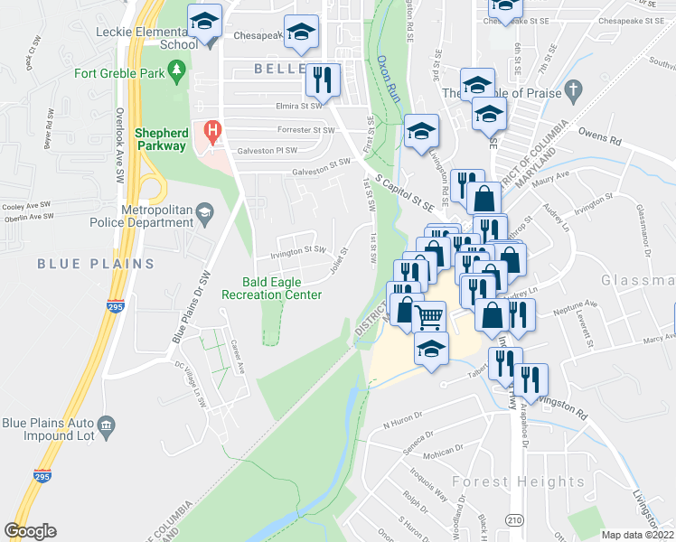map of restaurants, bars, coffee shops, grocery stores, and more near 182 Joliet Street in Washington