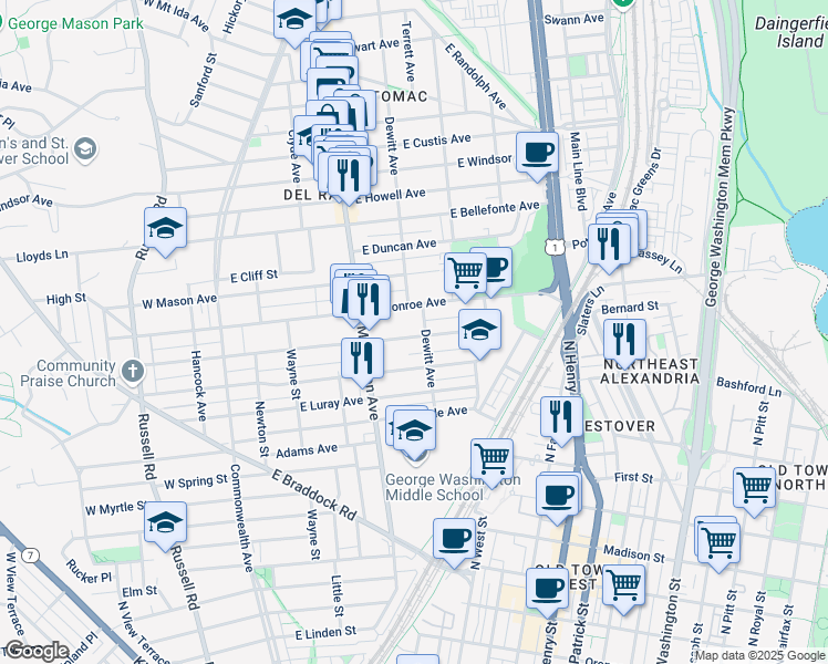 map of restaurants, bars, coffee shops, grocery stores, and more near 430 East Nelson Avenue in Alexandria