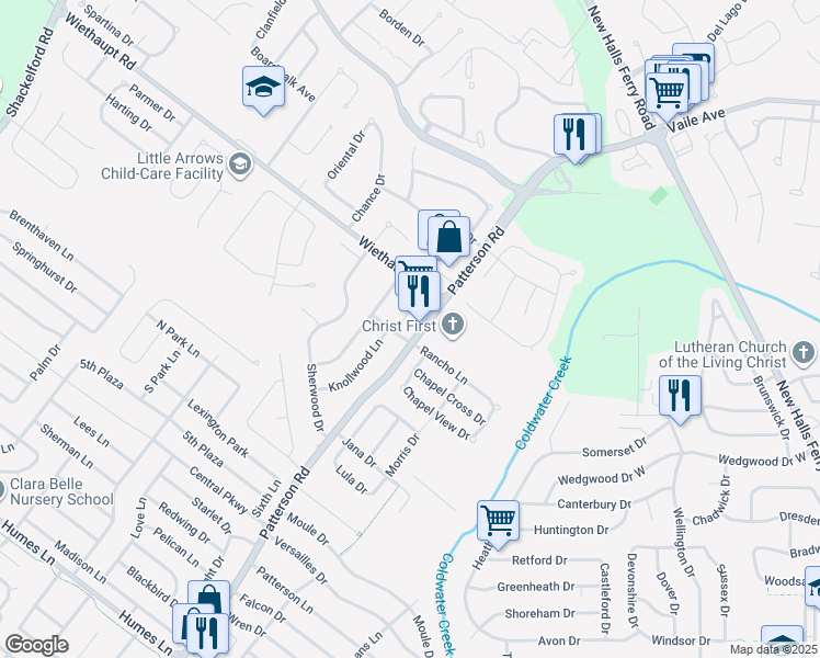 map of restaurants, bars, coffee shops, grocery stores, and more near 2807 Patterson Road in Florissant