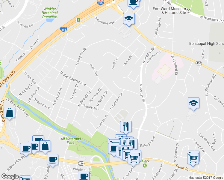 map of restaurants, bars, coffee shops, grocery stores, and more near 4809 Polk Avenue in Alexandria