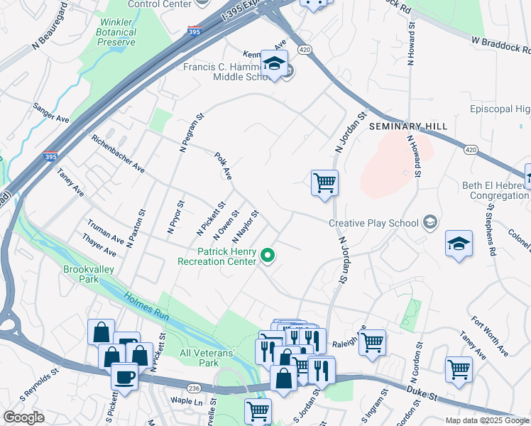 map of restaurants, bars, coffee shops, grocery stores, and more near 4809 Polk Avenue in Alexandria