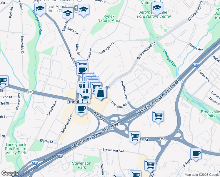 map of restaurants, bars, coffee shops, grocery stores, and more near 301 North Beauregard Street in Alexandria