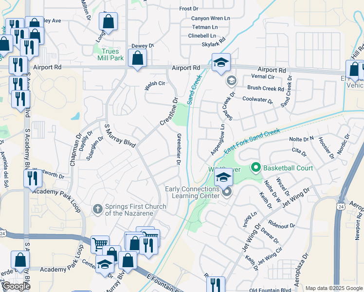 map of restaurants, bars, coffee shops, grocery stores, and more near 955 Greenbrier Drive in Colorado Springs