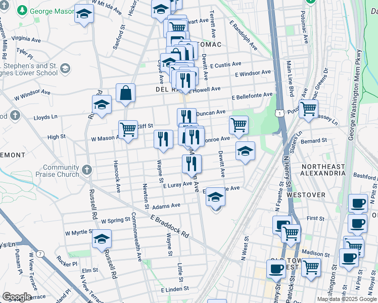 map of restaurants, bars, coffee shops, grocery stores, and more near 1504 Mount Vernon Avenue in Alexandria