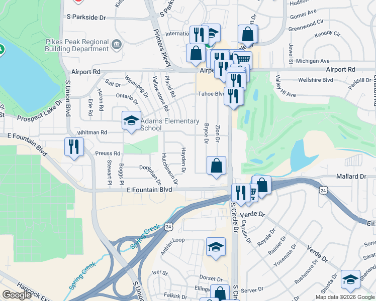 map of restaurants, bars, coffee shops, grocery stores, and more near 818 Sequoia Drive in Colorado Springs