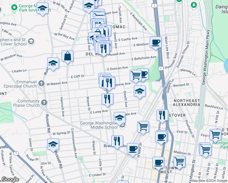 map of restaurants, bars, coffee shops, grocery stores, and more near 408 East Nelson Avenue in Alexandria