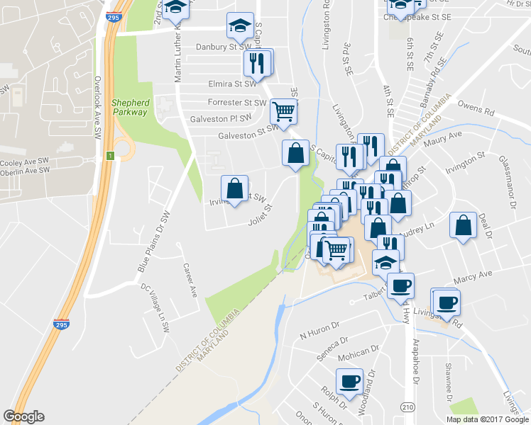 map of restaurants, bars, coffee shops, grocery stores, and more near 180 Joliet Street Southwest in Washington