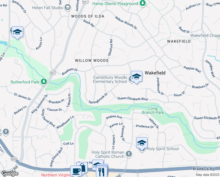 map of restaurants, bars, coffee shops, grocery stores, and more near 4905 Springbrook Drive in Annandale