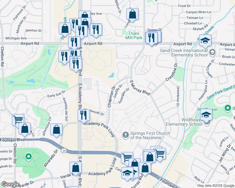map of restaurants, bars, coffee shops, grocery stores, and more near 4175 Daylilly Drive in Colorado Springs