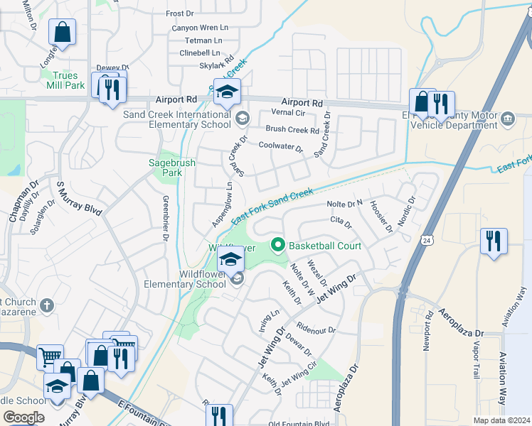 map of restaurants, bars, coffee shops, grocery stores, and more near 4718 Trailmark Loop in Colorado Springs