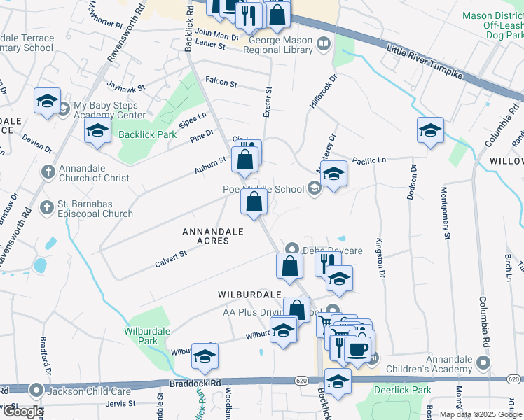 map of restaurants, bars, coffee shops, grocery stores, and more near 4747 Backlick Road in Annandale