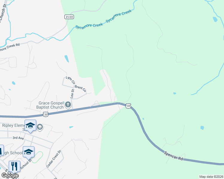 map of restaurants, bars, coffee shops, grocery stores, and more near 114 Skyline View Dr in Ripley