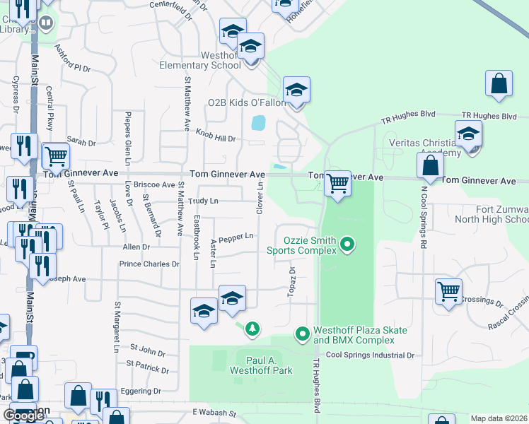 map of restaurants, bars, coffee shops, grocery stores, and more near 810 Clover Lane in O'Fallon