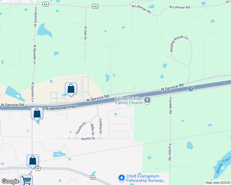 map of restaurants, bars, coffee shops, grocery stores, and more near 1748 North Service Road in Wright City