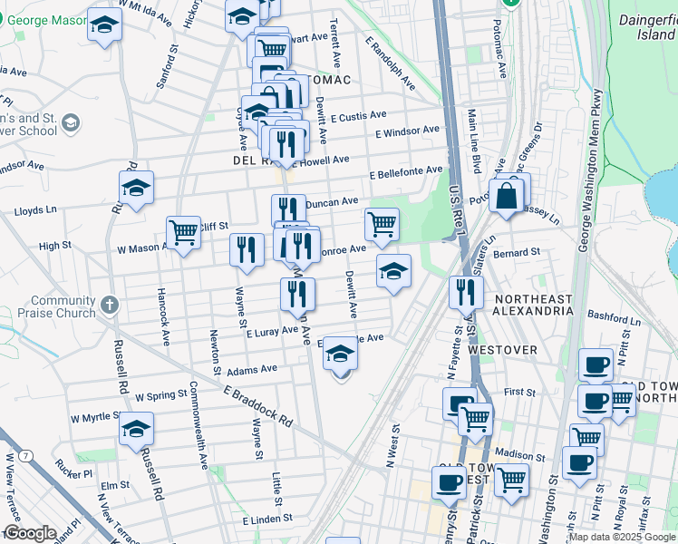 map of restaurants, bars, coffee shops, grocery stores, and more near 430 East Nelson Avenue in Alexandria