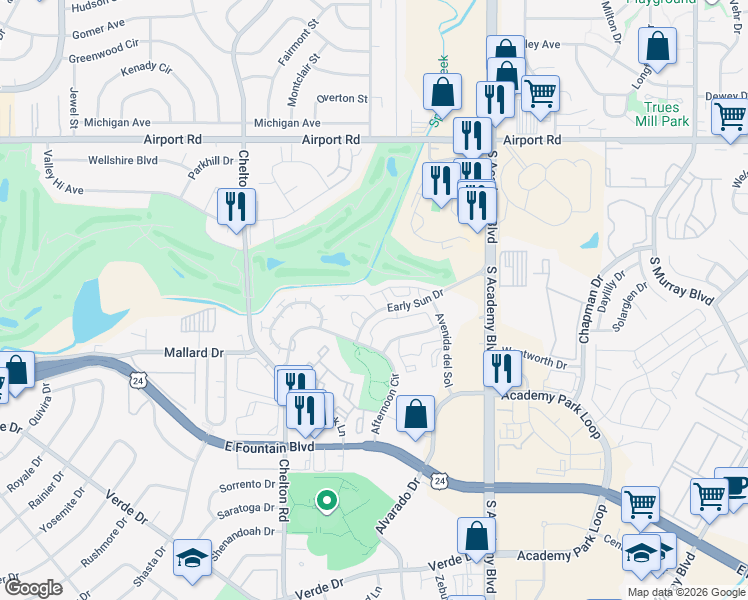 map of restaurants, bars, coffee shops, grocery stores, and more near 3489 Atlantic Drive in Colorado Springs