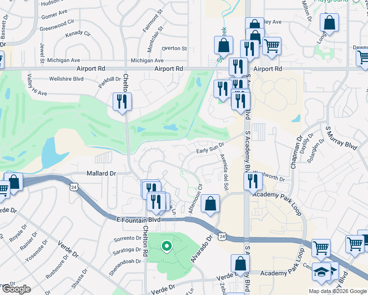 map of restaurants, bars, coffee shops, grocery stores, and more near 3489 Atlantic Drive in Colorado Springs