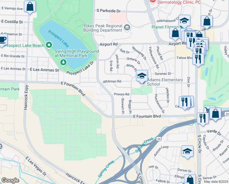 map of restaurants, bars, coffee shops, grocery stores, and more near 1918 Preuss Road in Colorado Springs