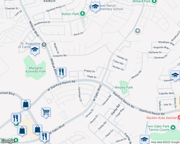 map of restaurants, bars, coffee shops, grocery stores, and more near 1733 Poppy Drive in Rocklin